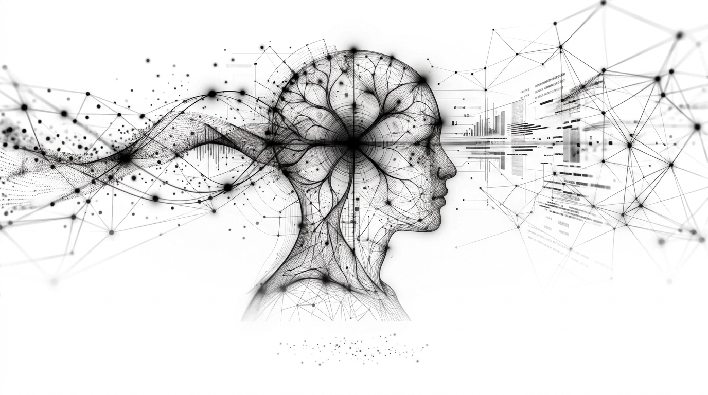 A mind drawn as a network, opening onto data and software
